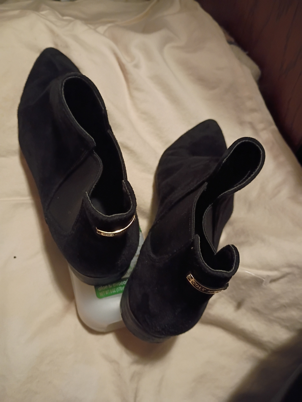 Cole Haan Black Suede Ankle Booties with Gold Accent